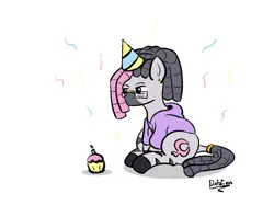 Size: 3644x2731 | Tagged: safe, artist:datzigga, derpibooru import, oc, oc:dizzy, zebra, clothes, confetti, cupcake, food, hat, hoodie, image, party hat, png, solo