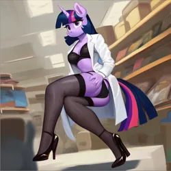 Size: 1414x1416 | Tagged: suggestive, banned from derpibooru, deleted from derpibooru, derpibooru import, twilight sparkle, alicorn, anthro, ai content, breasts, busty twilight sparkle, clothes, high heels, image, lab coat, museum, png, shoes, socks, stockings, thigh highs, underwear