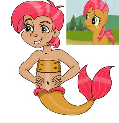 Size: 697x722 | Tagged: safe, artist:ocean lover, derpibooru import, babs seed, earth pony, human, mermaid, pony, apple family member, bandeau, bare midriff, bare shoulders, belly, belly button, brown tail, child, chubby, fins, fish tail, freckles, green eyes, grin, hands on waist, human coloration, humanized, image, looking at something, mermaid tail, mermaidized, midriff, moderate dark skin, ms paint, png, red hair, reference, short hair, simple background, sleeveless, smiling, species swap, tail, tail fin, tomboy, transparent background, two toned hair, white background