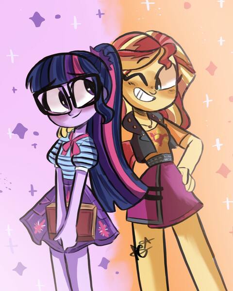 Size: 1440x1800 | Tagged: safe, artist:mariart.corner, derpibooru import, sci-twi, sunset shimmer, twilight sparkle, human, equestria girls, book, digital art, duo, embrace, female, image, jpeg, lesbian, looking at each other, looking at someone, one eye closed, scitwishimmer, shipping, signature, simple background, sunsetsparkle, wink