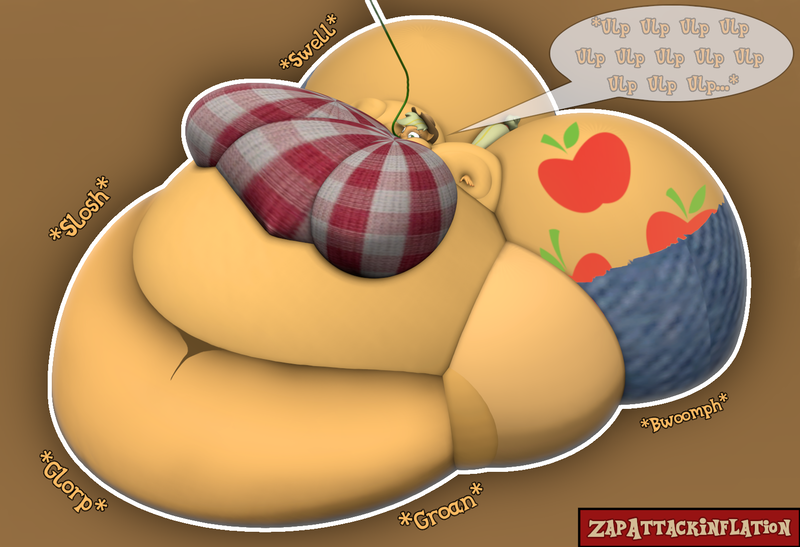 Size: 1576x1077 | Tagged: questionable, artist:zapattackinflation, derpibooru import, applejack, anthro, earth pony, 3d, applefat, belly, big belly, big breasts, blob, breasts, butt, fat, fat fetish, fetish, hose, huge belly, huge breasts, huge butt, image, impossibly large belly, impossibly large breasts, impossibly large butt, large butt, onomatopoeia, photo, png, rolls of fat, source filmmaker, speech bubble, text, watermark