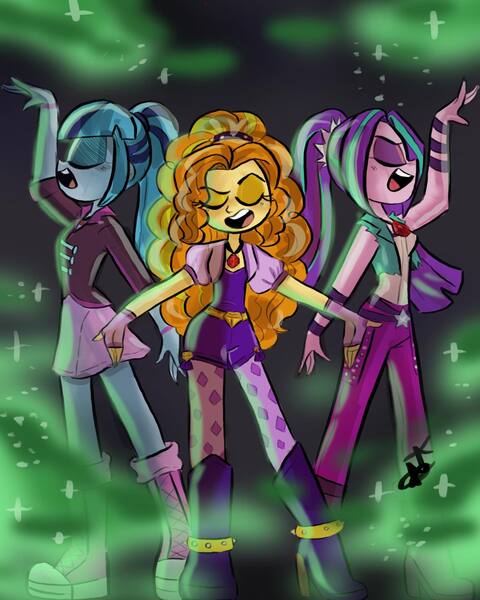 Size: 1440x1799 | Tagged: safe, artist:mariart.corner, derpibooru import, adagio dazzle, aria blaze, sonata dusk, human, equestria girls, rainbow rocks, digital art, disguise, disguised siren, female, image, jpeg, signature, singing, the dazzlings, trio, trio female