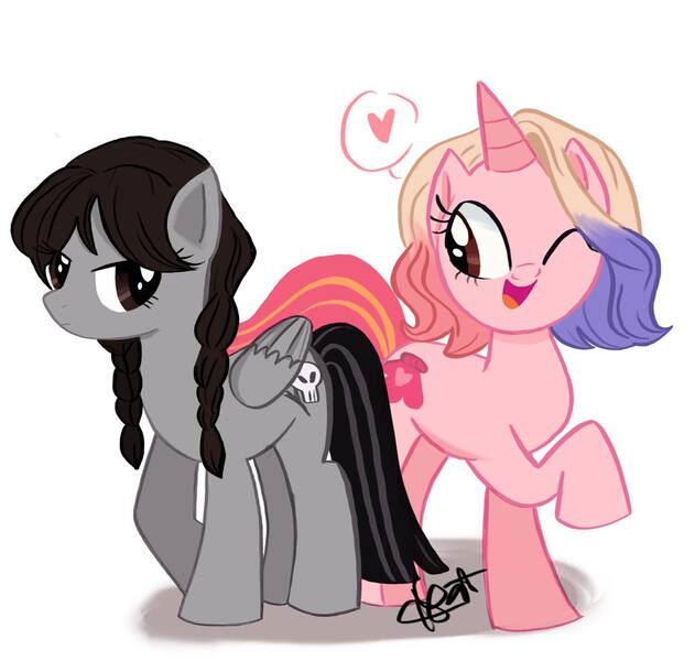 Size: 1440x1370 | Tagged: safe, artist:mariart.corner, derpibooru import, ponified, pegasus, pony, unicorn, addam's family, digital art, duo, duo female, enid sinclair, female, image, jpeg, lesbian, non-mlp shipping, shipping, signature, simple background, wednesday, wednesday addams, wenclair, white background