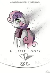 Size: 743x1075 | Tagged: safe, artist:whitepone, derpibooru import, sweetie belle, pony, unicorn, fanfic, fanfic:a little loopy, ash, clock, fanfic art, fanfic cover, image, jpeg, simple background, solo, staring at you, white background