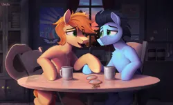 Size: 3500x2126 | Tagged: safe, artist:uliovka, derpibooru import, braeburn, soarin', earth pony, pegasus, pony, coffee, couple, gay, image, looking at each other, looking at someone, male, morning, png, scenery, stallion