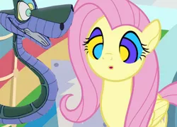 Size: 1280x923 | Tagged: safe, artist:marybethemberjoy49-1, derpibooru import, edit, edited screencap, screencap, fluttershy, pegasus, pony, snake, :o, female, hypno eyes, hypnoshy, hypnosis, hypnotized, image, kaa, kaa eyes, male, mare, open mouth, png