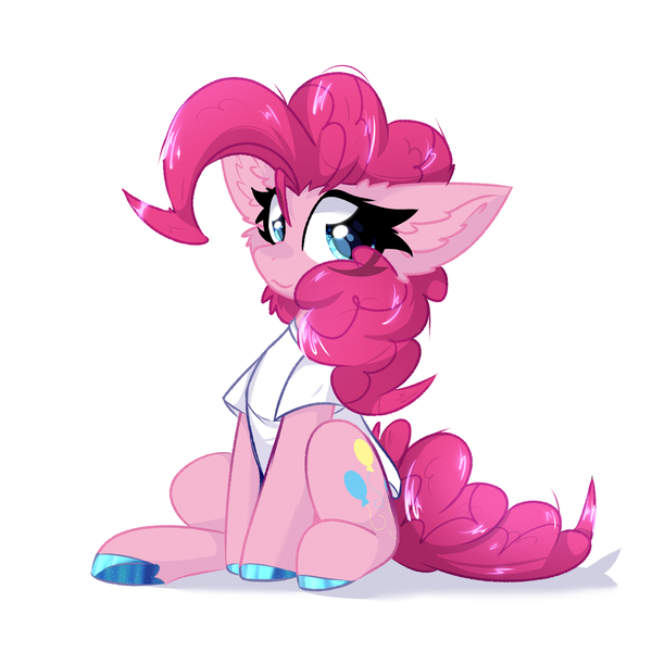 Size: 2000x2000 | Tagged: safe, artist:jubyskylines, derpibooru import, pinkie pie, earth pony, pony, big ears, cheek fluff, clothes, ear fluff, eye clipping through hair, female, image, looking at you, mare, png, shirt, simple background, sitting, solo, t-shirt, white background