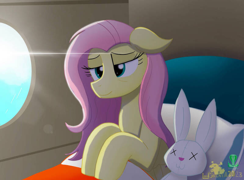 Size: 1039x769 | Tagged: safe, artist:lordshrekzilla20, derpibooru import, fluttershy, pegasus, fanfic:a king to a god, bags under eyes, doll, image, jpeg, plushie, toy, waking up