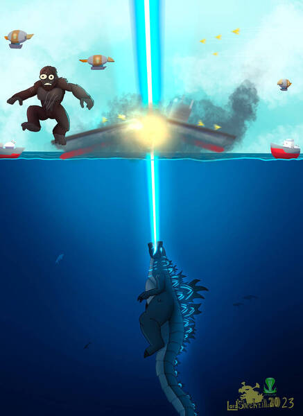 Size: 827x1136 | Tagged: safe, artist:lordshrekzilla20, derpibooru import, ape, gorilla, kaiju, fanfic:a king to a god, airship, atomic breath, boat, fire, godzilla, godzilla (series), image, jpeg, king kong, underwater, water