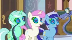 Size: 1280x720 | Tagged: safe, artist:marybethemberjoy49-1, derpibooru import, edit, edited screencap, screencap, lyra heartstrings, minuette, twinkleshine, pony, snake, unicorn, a canterlot wedding, female, hypno eyes, hypnosis, hypnotized, image, kaa, kaa eyes, male, mare, open mouth, open smile, png, smiling