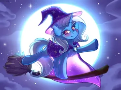 Size: 3500x2600 | Tagged: safe, artist:yuris, derpibooru import, trixie, pony, unicorn, blushing, broom, cape, clothes, cute, diatrixes, female, flying, flying broomstick, frog (hoof), halloween, hat, holiday, image, looking at you, moon, night, nightmare night, png, sky, smiling, solo, trixie's cape, trixie's hat, underhoof