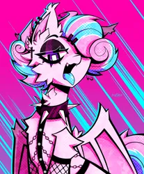 Size: 2000x2410 | Tagged: artist needed, safe, derpibooru import, oc, oc:sweetie swirl, unofficial characters only, bat pony, chains, collar, colored tongue, ear piercing, earring, eyelashes, eyeliner, femboy, goth, image, jewelry, makeup, male, multicolored hair, piercing, png, simple background, spiked collar