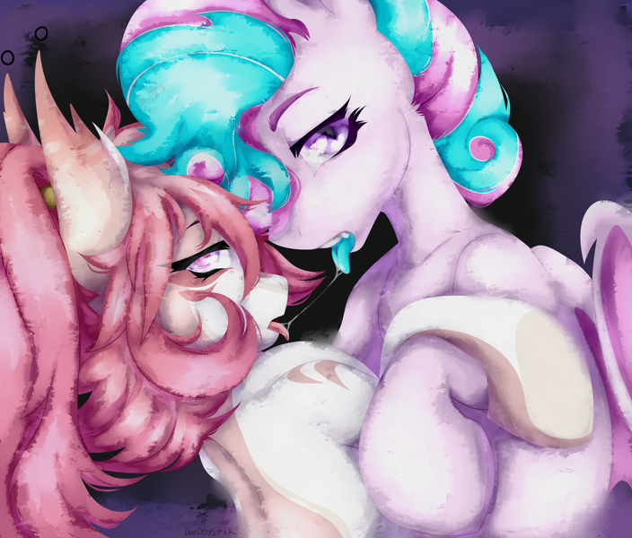 Size: 2700x2300 | Tagged: artist needed, suggestive, derpibooru import, oc, oc:lollipop bliss, oc:sweetie swirl, unofficial characters only, bat pony, bedroom eyes, blue tongue, drool, drool string, femboy, hairband, image, lidded eyes, male, multicolored hair, png