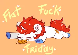 Size: 7016x4961 | Tagged: safe, artist:cutepencilcase, derpibooru import, part of a set, oc, oc:waffles, unofficial characters only, pony, unicorn, flat fuck friday, flop, food, hoof heart, image, lying down, meme, mouth hold, nom, orange background, part of a series, png, prone, simple background, solo, sploot, underhoof, vulgar, waffle