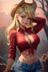 Size: 1024x1536 | Tagged: suggestive, derpibooru import, machine learning generated, applejack, human, equestria girls, abs, ai content, arm behind head, belly button, big breasts, boob window, breasts, busty applejack, cleavage, clothes, cowboy hat, denim, denim shorts, female, front knot midriff, generator:yodayo, hat, humanized, image, jpeg, long hair, long sleeves, midriff, pose, sexy, shirt, shorts, solo, stupid sexy applejack, sultry pose, wide hips