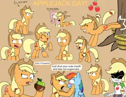 Size: 6500x5000 | Tagged: source needed, safe, artist:sketchyboi25, derpibooru import, applejack, fluttershy, rainbow dash, earth pony, pegasus, pony, robot, apple, applebucking, appledash, applejack's hat, barrel, coconapple, confused, cowboy hat, female, food, hat, image, jpeg, lego, lesbian, mixels, murder drones, nose to nose, shipping, sitting, speech bubble, tree