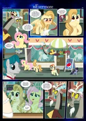 Size: 3259x4607 | Tagged: safe, artist:estories, derpibooru import, derpy hooves, discord, fluttershy, oc, oc:alice goldenfeather, draconequus, pegasus, pony, comic:nevermore, blushing, clothes, comic, dress, flying, high res, image, mannequin, png, speech bubble