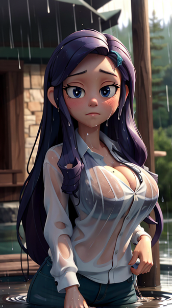 Size: 512x912 | Tagged: suggestive, derpibooru import, machine learning generated, stable diffusion, rarity, human, ai content, big breasts, black bra, black underwear, bra, breasts, busty rarity, cleavage, clothes, female, humanized, image, looking at you, partially submerged, png, prompter:cloudmaster316, see-through, solo, solo female, standing in water, underwear, water, wet, wet clothes
