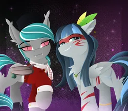 Size: 2298x2000 | Tagged: safe, artist:andaluce, derpibooru import, oc, oc:haze northfleet, oc:malachite cluster, unofficial characters only, bat pony, pegasus, pony, bodypaint, brazil, chest fluff, clothes, costume, duo, ear fluff, halloween, hock fluff, holiday, image, jewelry, lineless, looking at you, pendant, png, scarf, smiling, smirk