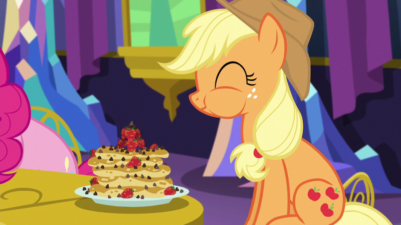 Size: 1280x720 | Tagged: safe, derpibooru import, screencap, applejack, pinkie pie, earth pony, pony, castle sweet castle, cute, eyes closed, food, herbivore, image, jackabetes, pancakes, plate, png, sitting, smiling, strawberry