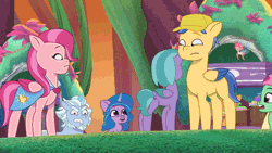 Size: 600x338 | Tagged: safe, derpibooru import, screencap, izzy moonbow, breezie, earth pony, pegasus, pony, unicorn, g5, my little pony: tell your tale, spoiler:g5, spoiler:my little pony: tell your tale, spoiler:tyts01e63, age regression, alphabittle blossomforth, animated, female, filly, filly izzy moonbow, foal, galloping, gif, image, looking at someone, male, nightmare nightmarket, poor alphabittle, running, smiling, stallion, younger, youtube link