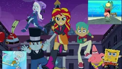 Size: 1920x1080 | Tagged: safe, artist:cutler1228, derpibooru import, edit, edited screencap, screencap, snails, snips, sunset shimmer, trixie, equestria girls, 1000 hours in ms paint, 1000 years in photoshop, boots, clothes, high heel boots, image, jacket, karate, mr. krabs, patrick star, plankton, png, reference, running, shirt, shoes, skirt, spongebob reference, spongebob squarepants, squidward tentacles