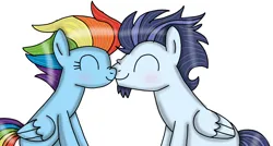 Size: 1342x720 | Tagged: safe, artist:dasher666, derpibooru import, rainbow dash, soarin', pegasus, pony, the last problem, blushing, female, image, male, mare, nuzzling, older, older rainbow dash, older soarin', older soarindash, png, shipping, soarindash, stallion, straight