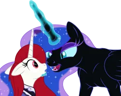 Size: 2551x2030 | Tagged: safe, artist:grypher, derpibooru import, nightmare moon, oc, oc:radiant star, canon x oc, fangs, image, implied lesbian, looking at each other, looking at someone, missing accessory, png, simple background, transparent background