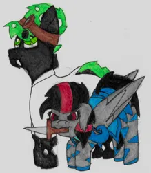 Size: 5616x6416 | Tagged: safe, artist:acid flask, derpibooru import, oc, oc:changeling dox, oc:midnight flask, unofficial characters only, bat pony, changeling, pony, absurd resolution, bat pony oc, bat wings, bent over, brother, brother and sister, clothes, colt, costume, derpibooru exclusive, duo, eyeroll, fangs, female, filly, foal, goggles, image, lab coat, large wings, looking at you, male, nightmare night, nightmare night costume, painting, png, siblings, sister, smiling, smiling at you, sword, tail, traditional art, unamused, watercolor painting, weapon, wings, zebra stripes