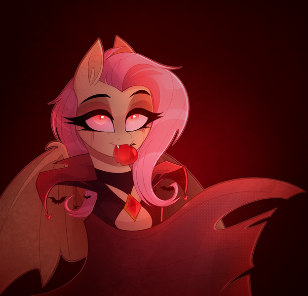 Size: 1040x1000 | Tagged: safe, artist:thewandie, derpibooru import, fluttershy, bat, bat pony, butterfly, insect, pony, spider, undead, vampire, vampony, apple, bat ponified, blood, cape, choker, clothes, commission, cute, cute little fangs, eyeshadow, fangs, female, flutterbat, food, gradient background, halloween, holiday, image, lidded eyes, makeup, mare, png, race swap, red background, red eyes, simple background, solo, spread wings, thick eyelashes, wings, ych result