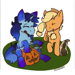 Size: 2000x2000 | Tagged: source needed, safe, artist:box, derpibooru import, applejack, oc, oc:blue thunder, carving, halloween, holiday, image, jack-o-lantern, nightmare night, png, pumpkin