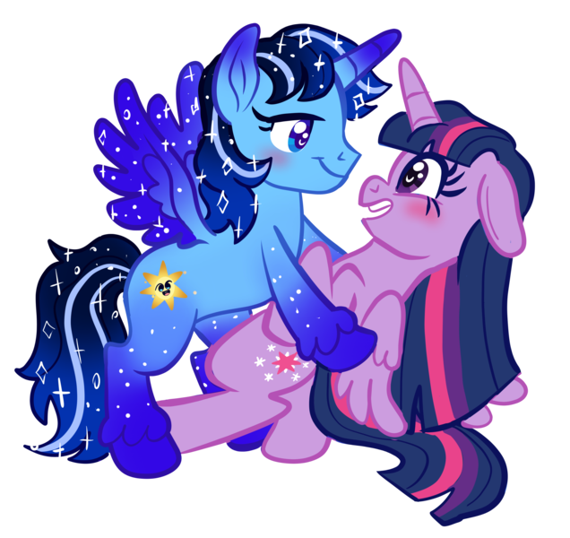 Size: 2993x2822 | Tagged: source needed, safe, artist:paryficama, derpibooru import, twilight sparkle, twilight sparkle (alicorn), oc, oc:blue thunder, alicorn, blushing, canon x oc, dancing, image, png, seductive look, thundersparkle