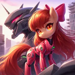 Size: 1024x1024 | Tagged: safe, derpibooru import, machine learning generated, apple bloom, earth pony, pony, robot, ai content, city, clothes, crossover, female, filly, foal, generator:bing image creator, image, jpeg, neon genesis evangelion, plugsuit, solo