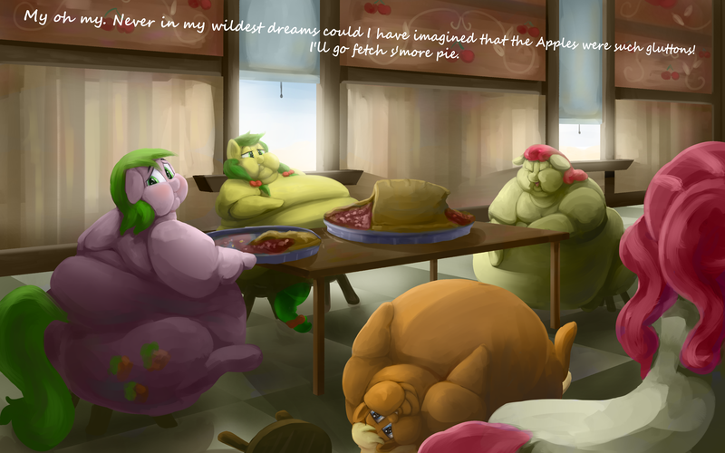 Size: 4000x2500 | Tagged: questionable, artist:lupin quill, derpibooru import, apple bumpkin, apple cobbler, apple fritter, cherry jubilee, red gala, earth pony, pony, apple family member, bedroom eyes, belly, big belly, bingo wings, blushing, butt, dialogue, embarrassed, eyes closed, fat, fat fetish, feedee, feeder, female, females only, fetish, food, image, kitchen eyes, large butt, laughing, lineless, lying down, morbidly obese, obese, on back, open mouth, painting, pie, pie tin, plot, png, rolls of fat, sitting, stool, stuffed, stuffing, table