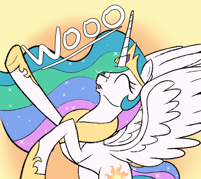 Size: 3137x2796 | Tagged: safe, artist:trash anon, ponerpics import, ponybooru import, princess celestia, alicorn, pony, bipedal, crown, eyes closed, female, image, jewelry, png, rearing, regalia, simple background, solo, text, wings, woo