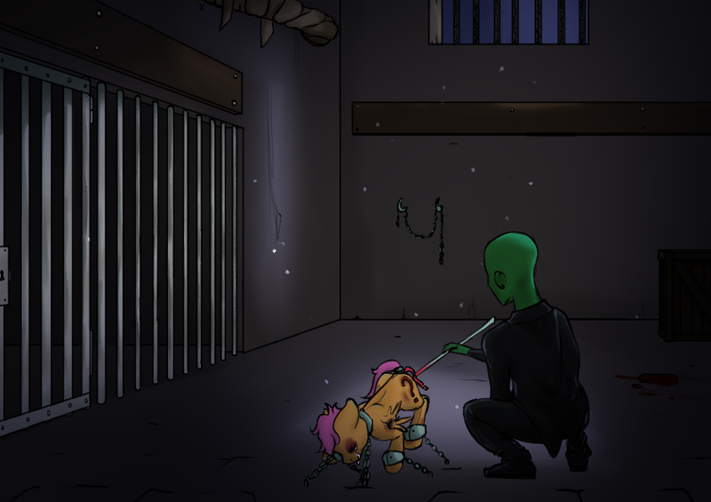 Size: 842x595 | Tagged: semi-grimdark, artist:dvfrost, derpibooru import, scootaloo, oc, oc:anon, human, pegasus, pony, abuse, abusive human, ankle cuffs, background basement, basement, beaten up, black eye, blood, bondage, branding, branding iron, broken wing, bruising, burn, burning, cage, chains, clothes, collar, commission, cruel, crying, cuffed, cuffs, dimly lit, dungeon, duo, eyes closed, fear, female, filly, floppy ears, foal, foal abuse, helpless, image, jail, literal butthurt, manacles, night, pain, png, question mark, reddened butt, restrained, scootabuse, shoes, slav squat, slave, slave collar, squat, suit, tears of pain, torture, window, wings
