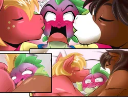 Size: 1500x1186 | Tagged: suggestive, artist:boastudio, derpibooru import, big macintosh, spike, trouble shoes, anthro, dragon, earth pony, bed, blushing, commission, cuddling, cuddling in bed, faceful of ass, gay, image, kiss on the cheek, kiss sandwich, kissing, male, on bed, open mouth, plot sandwich, png, shipping, snuggling, spikentosh, troublespike
