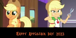 Size: 2000x1000 | Tagged: safe, artist:mlpfan3991, derpibooru import, applejack, earth pony, human, pony, diy with applejack, equestria girls, equestria girls series, spoiler:eqg series (season 2), 2023, applejack day, applejack's hat, cowboy hat, duality, female, geode of super strength, hat, human ponidox, image, magical geodes, png, scissors, self paradox, self ponidox, smiling, solo