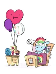 Size: 853x1125 | Tagged: safe, artist:emptygoldstudio, derpibooru import, rainbow dash, pegasus, pony, :t, balloon, bandage, bandaged wing, bed, chibi, female, food, hospital bed, image, lying down, mare, muffin, on back, png, simple background, solo, white background, wings
