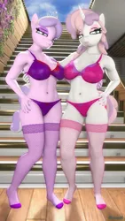 Size: 2160x3840 | Tagged: suggestive, artist:kevhon, derpibooru import, diamond tiara, sweetie belle, anthro, earth pony, plantigrade anthro, unicorn, 3d, bra, breasts, busty diamond tiara, busty sweetie belle, clothes, duo, duo female, eyeshadow, female, females only, flower, grin, hand on hip, image, lingerie, lipstick, looking at you, makeup, nail polish, panties, pink panties, png, purple panties, sexy, sky, smiling, socks, source filmmaker, stairs, stockings, stupid sexy diamond tiara, stupid sexy sweetie belle, thigh highs, underwear