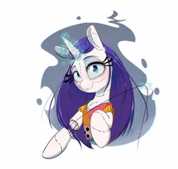 Size: 1000x952 | Tagged: safe, artist:inkypuso, derpibooru import, rarity, pony, unicorn, blushing, bust, clothes, cosplay, costume, female, glow, glowing horn, halloween, holiday, horn, image, jpeg, looking at you, magic, mare, ragdoll, sally skellington, sewing, sewing needle, simple background, solo, telekinesis, the nightmare before christmas, white background