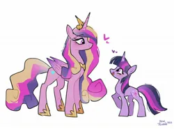 Size: 2048x1516 | Tagged: safe, artist:petaltwinkle, derpibooru import, princess cadance, twilight sparkle, alicorn, pony, unicorn, colored wings, concave belly, crown, duo, female, floating heart, folded wings, gradient wings, heart, height difference, hoof shoes, image, jewelry, jpeg, looking at each other, looking at someone, mare, open mouth, open smile, peytral, princess shoes, raised hoof, regalia, signature, simple background, slim, smiling, smiling at each other, tall, thin, unicorn twilight, white background, wings