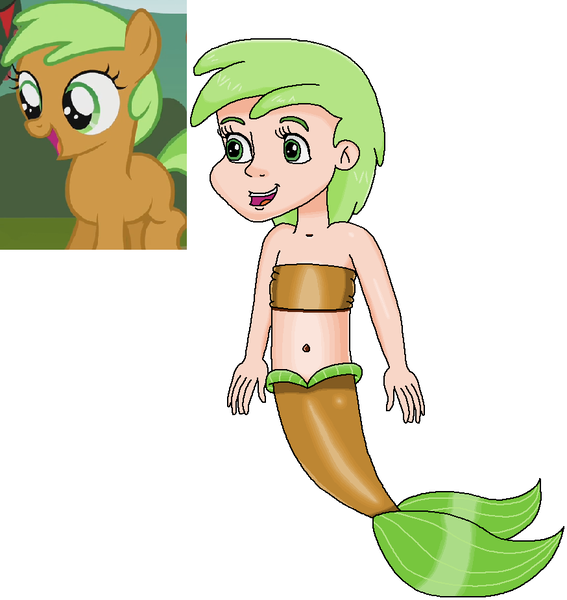 Size: 874x925 | Tagged: safe, artist:ocean lover, derpibooru import, apple crumble, earth pony, human, mermaid, pony, apple family reunion, season 3, apple family member, bandeau, bare shoulders, belly, belly button, brown tail, cheerful, child, cute, excited, fins, fish tail, green eyes, green hair, happy, human coloration, humanized, image, innocent, light skin, looking at someone, mermaid tail, mermaidized, midriff, ms paint, open mouth, open smile, png, reference, short hair, simple background, sleeveless, smiling, species swap, tail, tail fin, white background