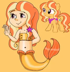Size: 780x802 | Tagged: safe, artist:ocean lover, derpibooru import, gilded lily, human, mermaid, pony, unicorn, bandeau, bare shoulders, bashful, belly, belly button, child, cute, fins, fish tail, hair ribbon, hand behind back, happy, human coloration, humanized, image, light skin, long hair, mermaid tail, mermaidized, midriff, ms paint, orange hair, pink eyes, png, reference, ribbon, shy, simple background, sleeveless, smiling, species swap, tail, tail fin, two toned hair, vector, waving, yellow background