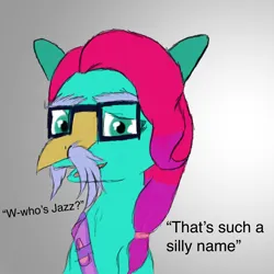 Size: 1972x1972 | Tagged: safe, derpibooru import, earth pony, pony, g5, colored sketch, coloured background, disguise, facial hair, fake ears, female, glasses, image, jazz has no ears, jazz hooves, looking at you, mare, moustache, no ears, open mouth, png, sash, sketch, solo, text