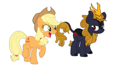 Size: 3377x1900 | Tagged: safe, artist:gmaplay, derpibooru import, applejack, oc, oc:banshee, earth pony, kirin, pony, duo, duo female, female, image, kirin oc, mare, open mouth, png, raised hoof, simple background, solo, transparent background