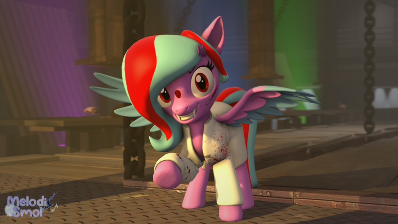 Size: 3840x2160 | Tagged: safe, artist:melodismol, derpibooru import, oc, oc:star beats, pegasus, fanfic:rainbow factory, 3d, blood, blood stains, clothes, fanfic art, image, lab coat, looking at you, png, raised hoof, smiling, solo, source filmmaker, spread wings, wings