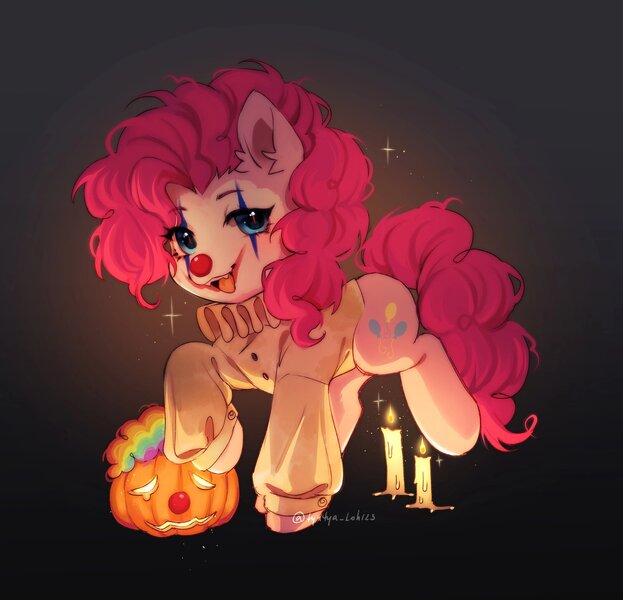 Size: 2048x1972 | Tagged: safe, artist:tyutya, derpibooru import, pinkie pie, earth pony, pony, candle, clothes, clown, clown makeup, clown nose, costume, eyebrows, fangs, female, g4, halloween, halloween costume, high res, holiday, image, jack-o-lantern, jpeg, looking at you, mare, open mouth, pumpkin, red nose, signature, solo, sparkles