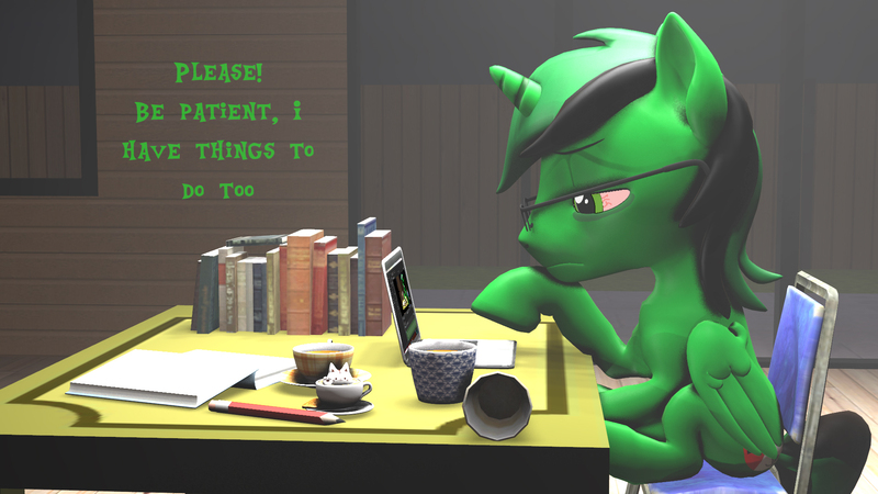 Size: 1920x1080 | Tagged: safe, artist:fernando-fontes-64, derpibooru import, oc, oc:fernando jesús, alicorn, pony, 3d, announcement, book, chair, coffee, coffee cup, computer, cup, description, glasses, image, jpeg, laptop computer, pencil, sitting, solo, source filmmaker, table, teacup, tired, tired eyes