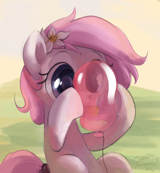Size: 2732x2964 | Tagged: safe, artist:dotkwa, derpibooru import, oc, oc:kayla, unofficial characters only, earth pony, pony, balloon, female, filly, flower, flower in hair, foal, hoof hold, image, licking, png, sitting, solo, tongue out
